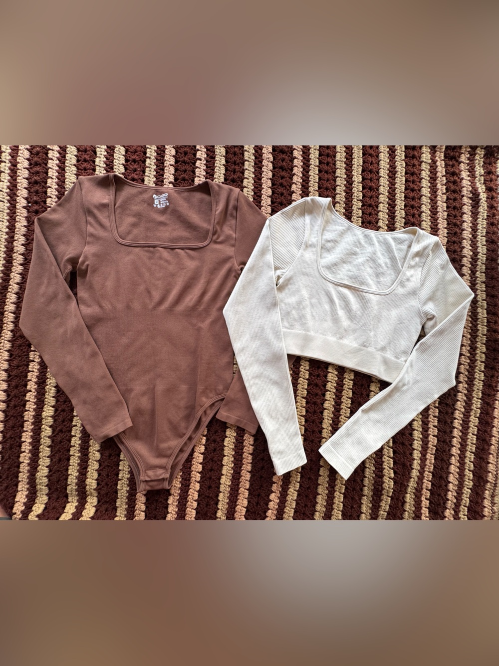 OQQ Ribbed Square Neck Long Sleeve Bodysuit & Crop Top Bundle - Medium